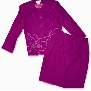 Lillian West Vintage Women's 2Pc. 100% Wool Beaded Purple Skirt Suit Size 18